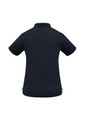 A black women's short sleeve polo shirt featuring a classic collar and a logo.