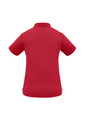 A red women's short sleeve polo shirt with a collar and side slits. It features a logo on the back.