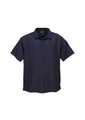 A navy blue short sleeve polo shirt with a collar and a logo, featuring a micro waffle texture.