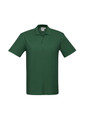 A green men's polo shirt with a collar and three buttons, featuring a logo on the left side.