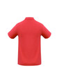 A red polo shirt with a collar and short sleeves. The back features a logo.