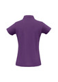 A purple ladies' polo shirt featuring a collar and short sleeves, with a branding logo on the back.