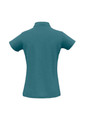 A teal ladies' polo shirt featuring a classic collar and short sleeves, with a logo on the back.