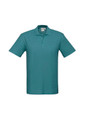 A teal polo shirt featuring a collar and short sleeves, with a logo on the label.