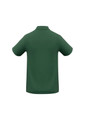 A green polo shirt with short sleeves and a collar, featuring a logo on the back.