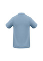 A light blue polo shirt with short sleeves and a collar, featuring a logo on the front.
