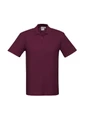 A maroon polo shirt with a collar, short sleeves, and a logo on the upper left.