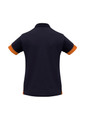 A women's short sleeve polo in navy with orange accents. The back features a collar and a logo.
