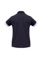 A black short sleeve polo shirt with white trim and a logo on the back.