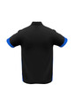 A black short sleeve polo shirt with blue accents and a logo on the front.
