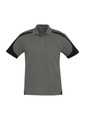 A grey short sleeve polo shirt with black accents and a logo on the chest area.