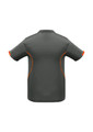 A grey polo shirt with orange accents, featuring a logo on the left side. Short sleeves and a classic collar design.