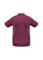 A burgundy kids' polo shirt with short sleeves and white accents, featuring a logo on the back.