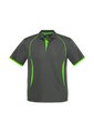 A short sleeve polo shirt in grey with lime green accents and a logo on the chest.