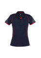 A women's short sleeve polo shirt in navy with red accents and patterned sleeve detail, featuring a logo.