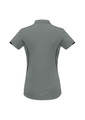 A women's short sleeve polo shirt in grey with black accents, featuring a collar and a logo.
