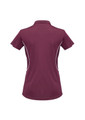 A maroon women's short sleeve polo shirt with white detailing and a logo on the side.