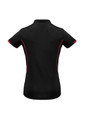 A short sleeve polo shirt in black with pink accents and a logo on the side.