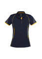 A women's short sleeve polo shirt in navy blue with yellow accents and a logo on the front.