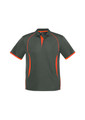 A grey polo shirt with orange accents, featuring short sleeves and a collar, and includes a logo.