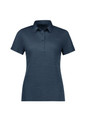 A women's short sleeve polo shirt in a navy blue colour with a collar and three-button placket. It features a logo.