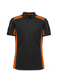 A black and orange unisex grid short sleeve polo shirt with a logo on the chest.