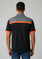 A men's short sleeve polo in black with grey and orange accents, featuring a logo on the back.