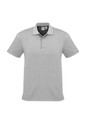A grey short sleeve polo shirt with a collar and a logo on the chest.