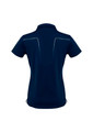 A navy short sleeve polo shirt for women, featuring a subtle design on the back and a logo.