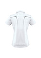 A short-sleeve women's polo shirt in white, featuring a logo and design details on the back.