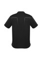 A black short sleeve polo shirt featuring a simple design and a logo.