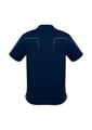 A navy blue men's polo shirt with short sleeves and a design featuring stitching details on the back.