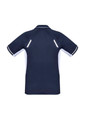 A navy blue short sleeve polo shirt with white accents and reflective details on the back. It features a logo.
