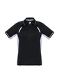 A black short sleeve polo shirt with grey side panels and a logo on the collar.