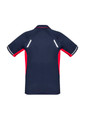 A navy and red short sleeve polo shirt with reflective detailing and a logo on the back.