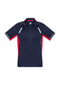 A navy blue and red short sleeve polo shirt featuring contrast panels and a logo.