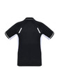 A black short sleeve polo shirt with white accents and reflective detailing, featuring a logo on the front.