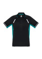 A black and teal men's short sleeve polo shirt featuring contrasting side panels and a logo.
