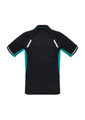 A black and teal short sleeve polo shirt featuring reflective detailing and a logo on the back.