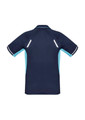 A navy blue short sleeve polo shirt with light blue accents and a logo on the front.