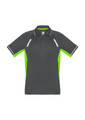 A short sleeve men's polo shirt in grey with bright green accents and detailing. It features a logo on the chest.