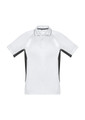 A short sleeve polo shirt in white with black side panels and a collar, featuring a logo.