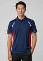 A navy blue polo shirt with red accents and a logo, featuring short sleeves and a collared design.