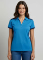 A short sleeve polo shirt for women in vibrant blue with navy accents and a logo.