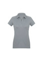 A women's short sleeve polo shirt in a light grey colour, featuring a classic collar and a logo.