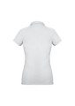 A women's short sleeve polo shirt in light grey with a logo on the back.