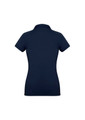 A navy women's short sleeve polo shirt with a fitted design and a collar, featuring a logo.