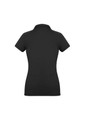 A women's short sleeve polo shirt in black, featuring a fitted design and a collar. The shirt includes a logo.