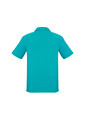 A short sleeve polo shirt in aqua blue, featuring a collar and back detailing, with a logo present.
