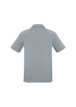 A light grey short sleeve polo shirt with a collar and a logo on the back.